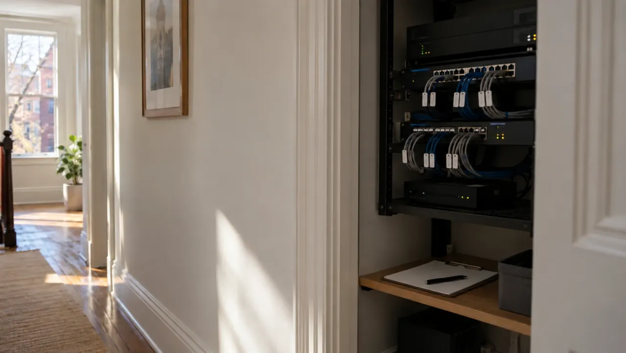 An imagined technology closet in a townhouse hallway: a small rack with neatly tagged patch cables in morning light