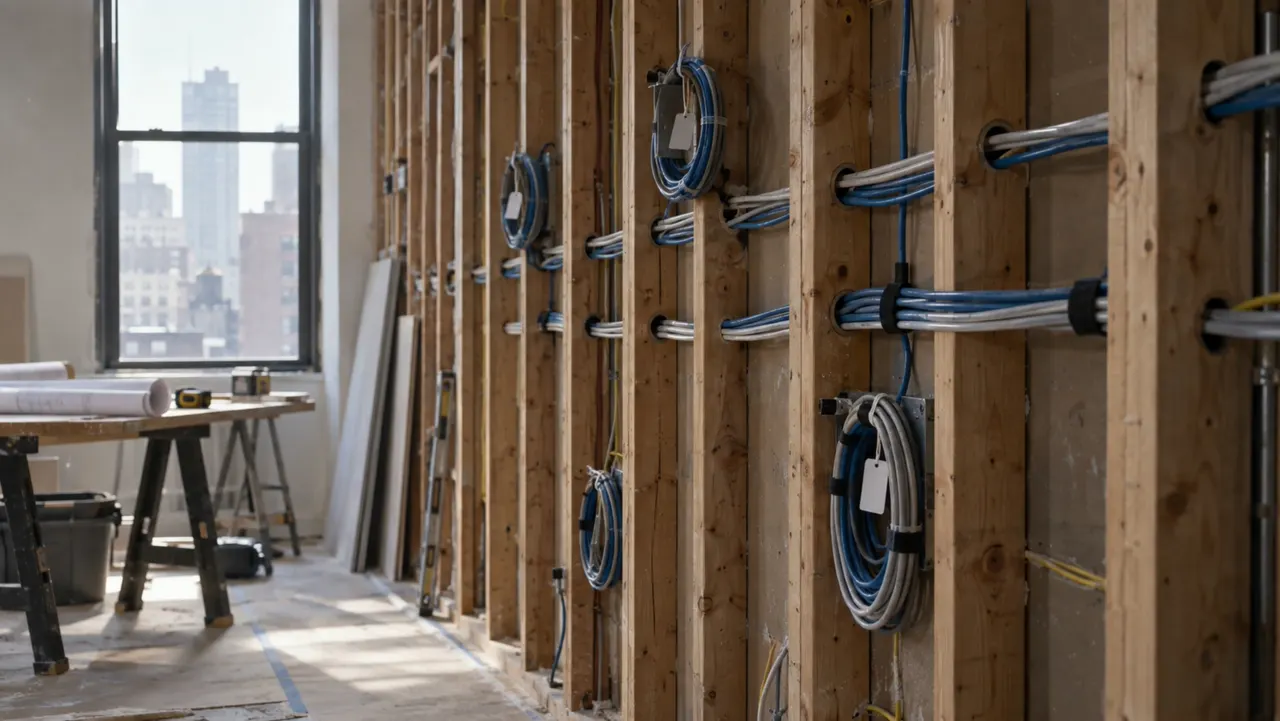 An imagined apartment renovation: open wall studs with coiled, tagged network and speaker cable at each future outlet
