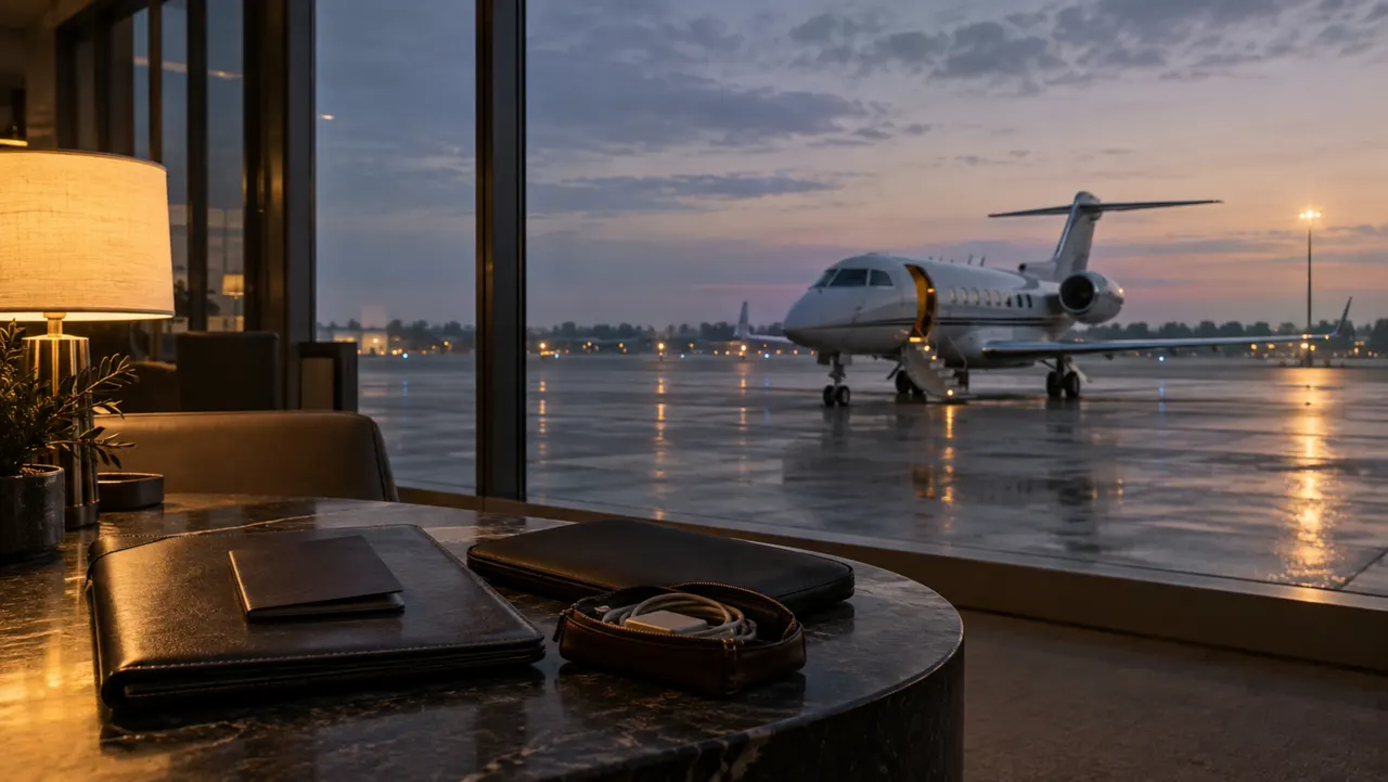 An imagined private airfield lounge at dusk: a travel folio, a passport and a cable pouch on a stone table, a jet waiting outside