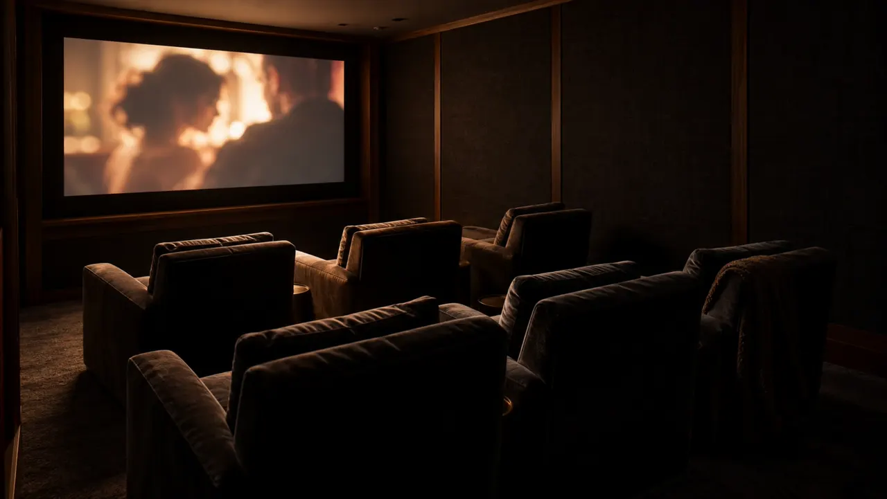 An imagined private screening room at night, velvet chairs lit only by the film on the screen