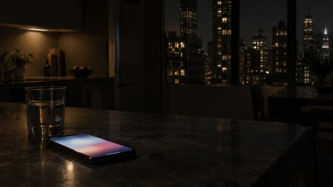 An imagined dark kitchen late at night: a phone glowing on a stone island beside a glass of water, city windows beyond