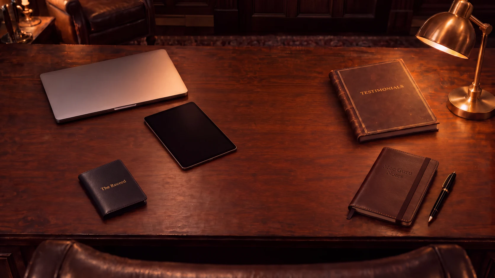 A walnut desk at night under a brass lamp: a closed laptop, a tablet, a small black book titled The Record, a leather book titled Testimonials, and a leather notebook titled Mac Guru Notes with a pen